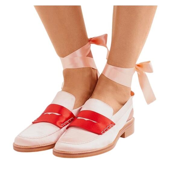 Man Repeller x Melanie Elturk satin ribbon loafers Pink & Red Size 38 (7.5–8) ✨ - Picture 1 of 5